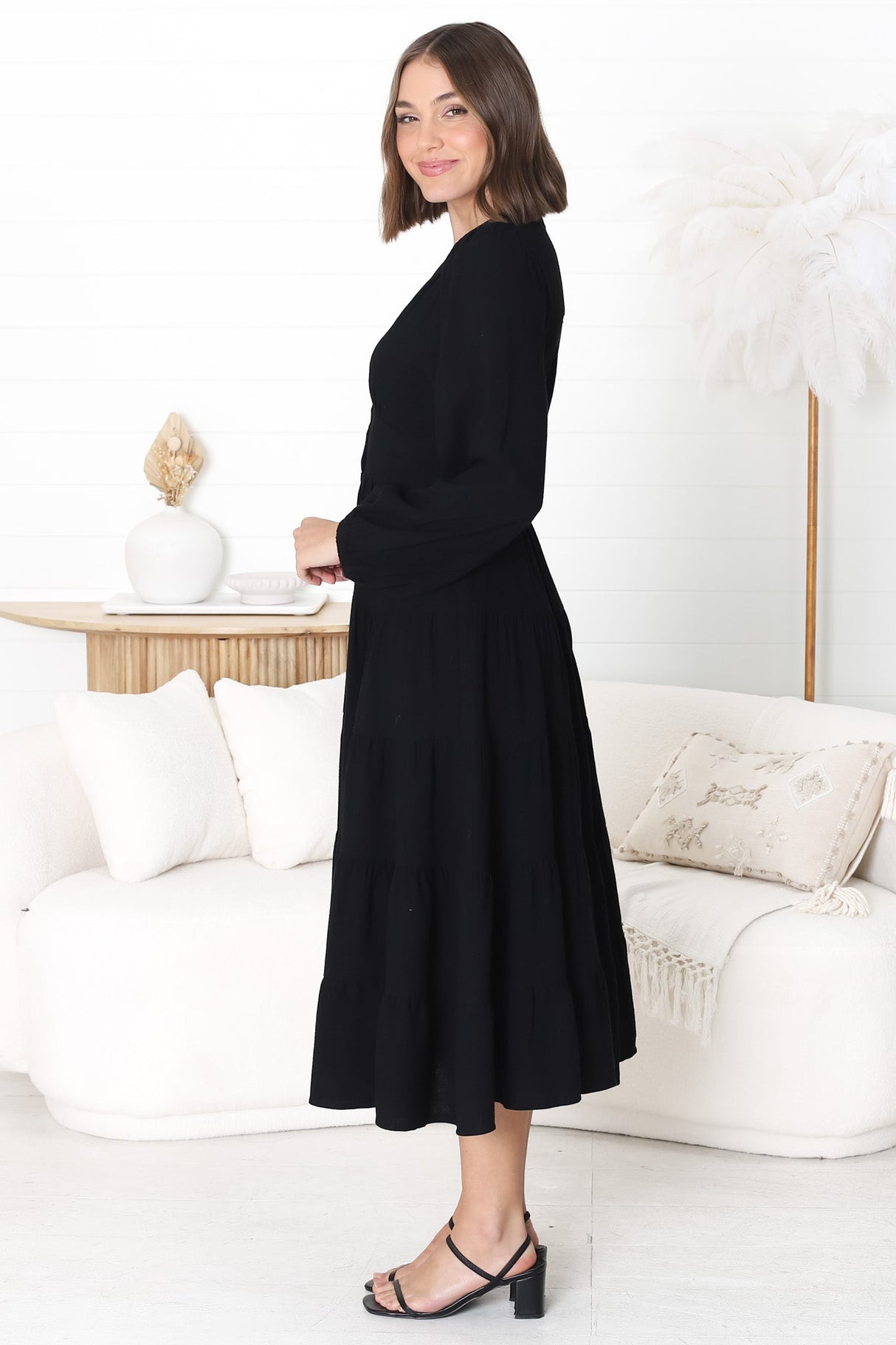 Bello Midi Dress - Button Through A Line Dress with Balloon Sleeves in Black