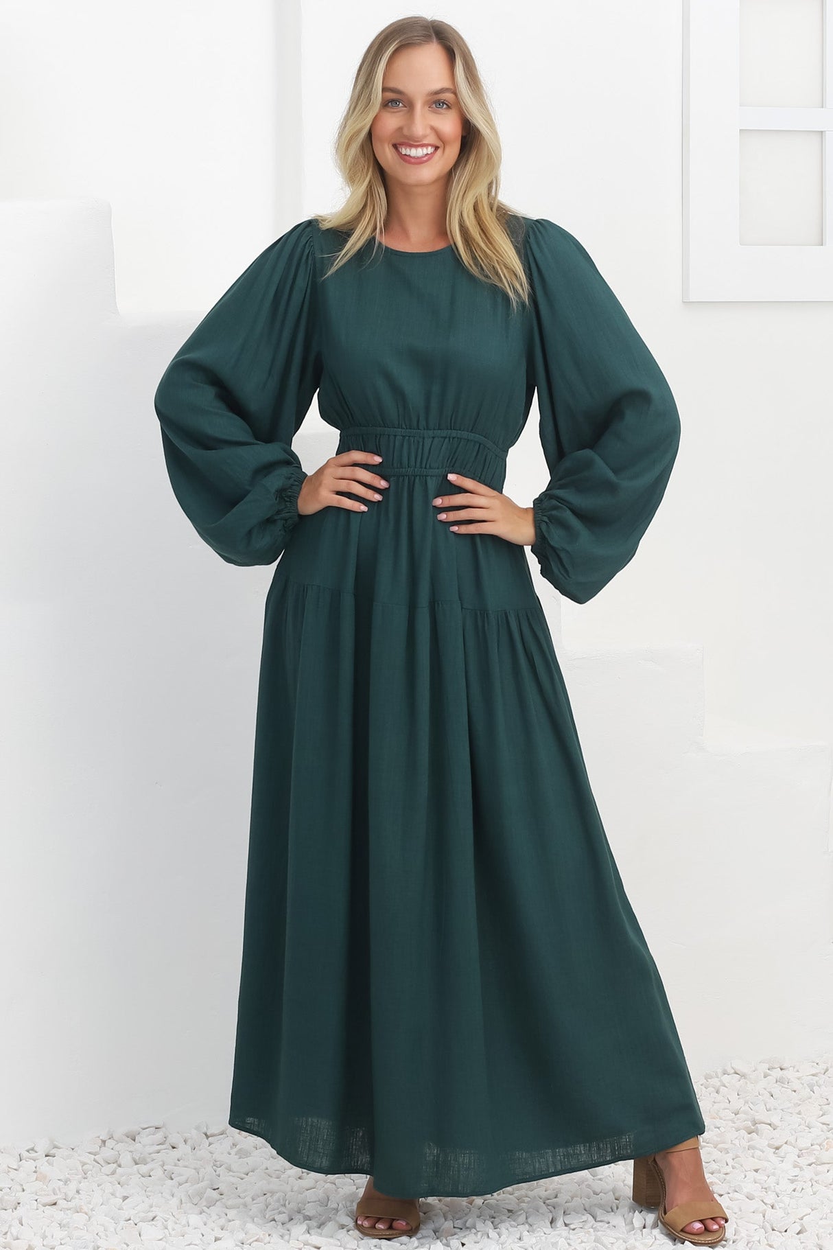 Sheyne Maxi Dress - Long Balloon Sleeve Elasicated Waist A Line Dress in Green