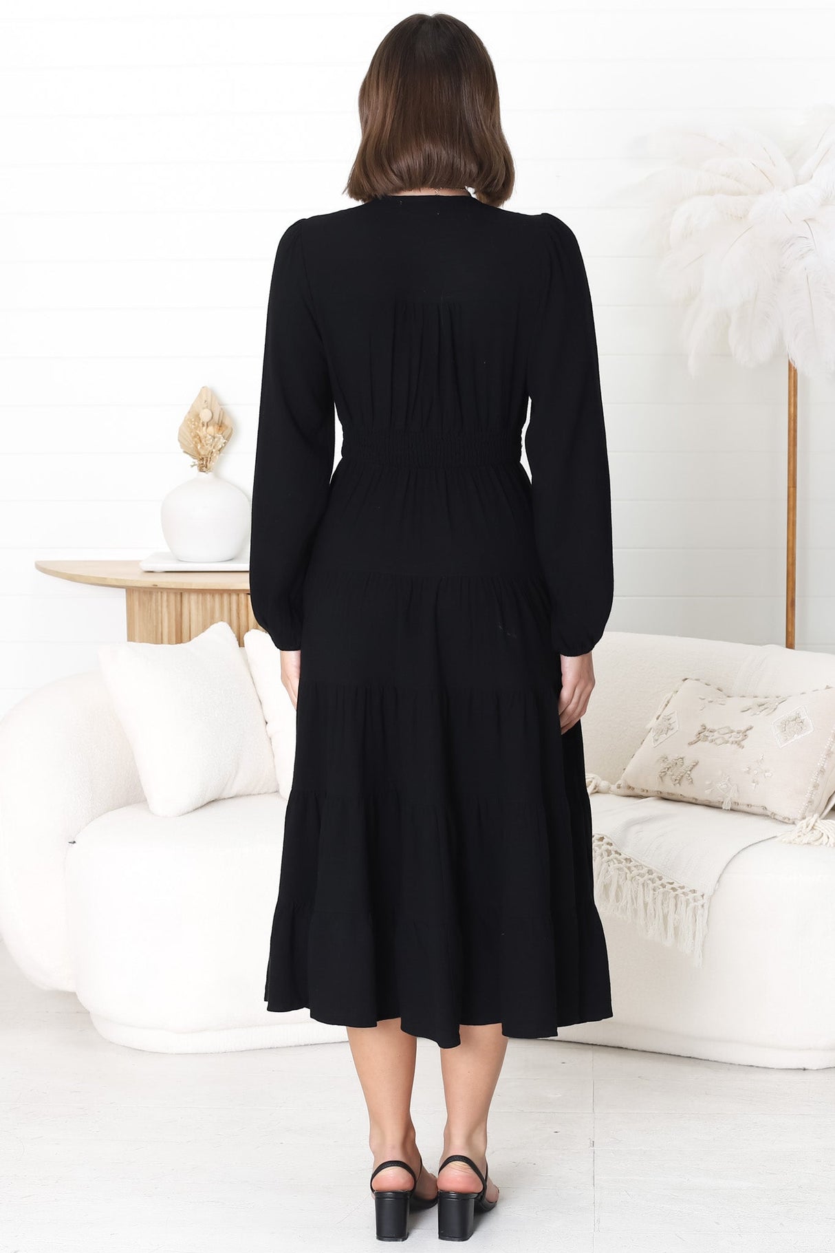 Bello Midi Dress - Button Through A Line Dress with Balloon Sleeves in Black