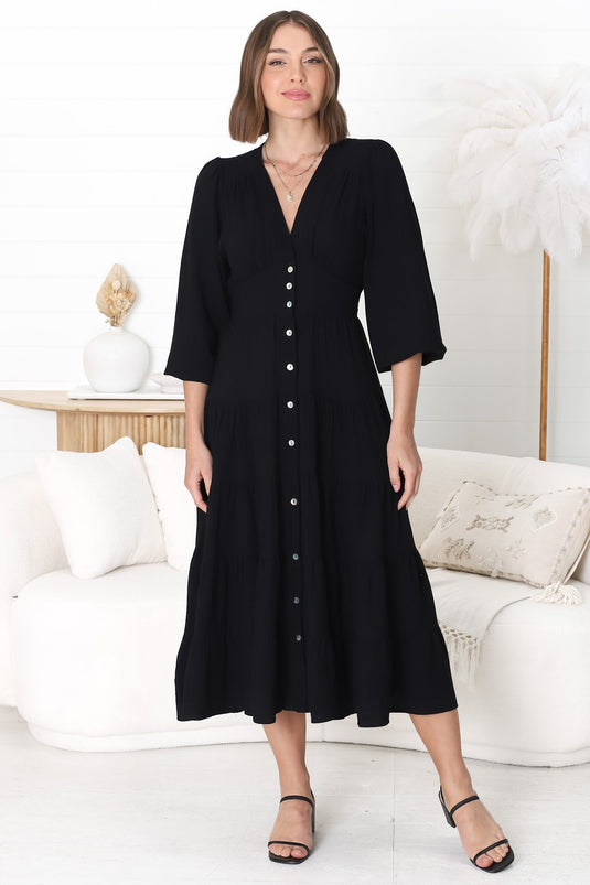 Bello Midi Dress - Button Through A Line Dress with Balloon Sleeves in Black