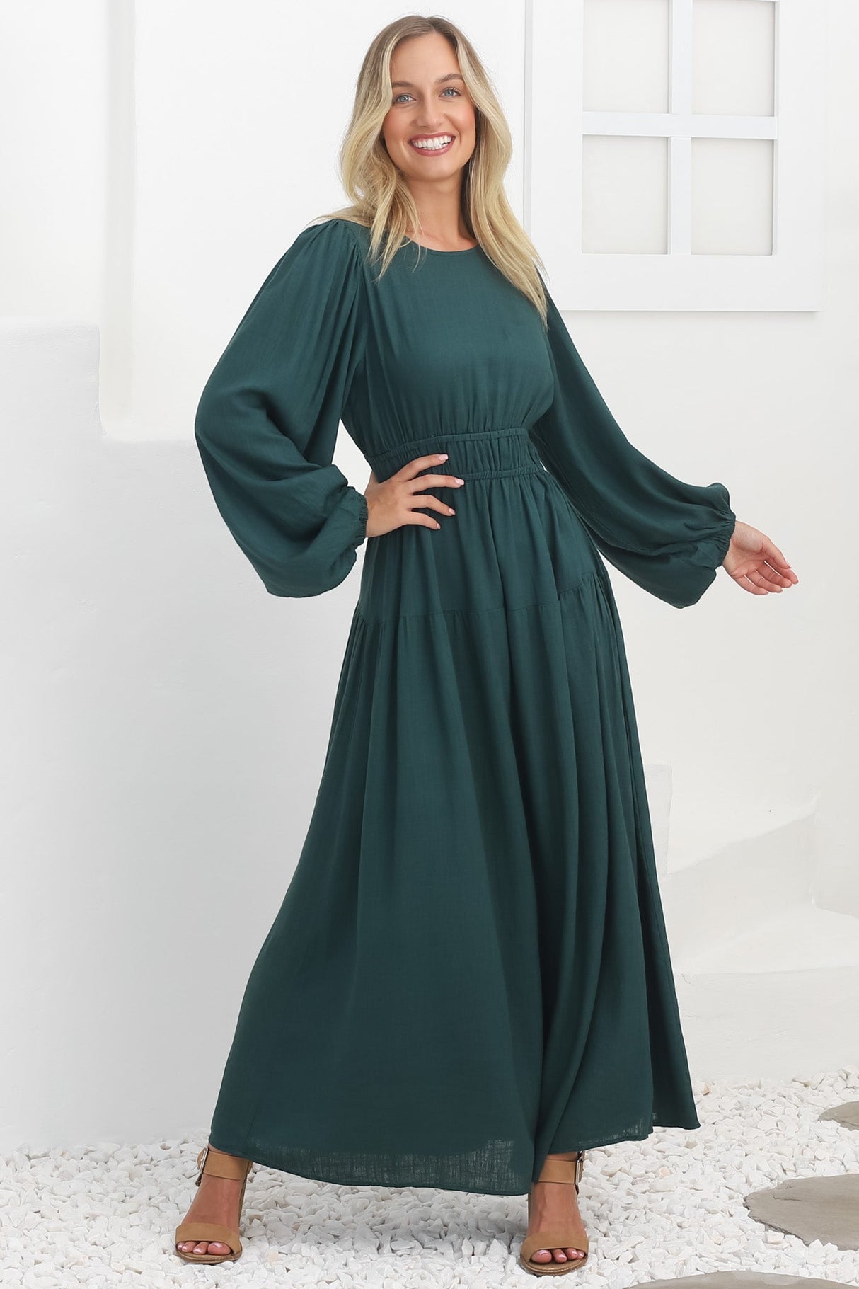 Sheyne Maxi Dress - Long Balloon Sleeve Elasicated Waist A Line Dress in Green