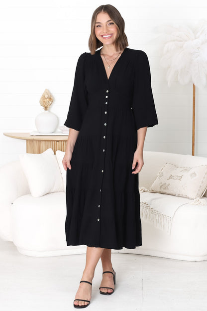 Bello Midi Dress - Button Through A Line Dress with Balloon Sleeves in Black