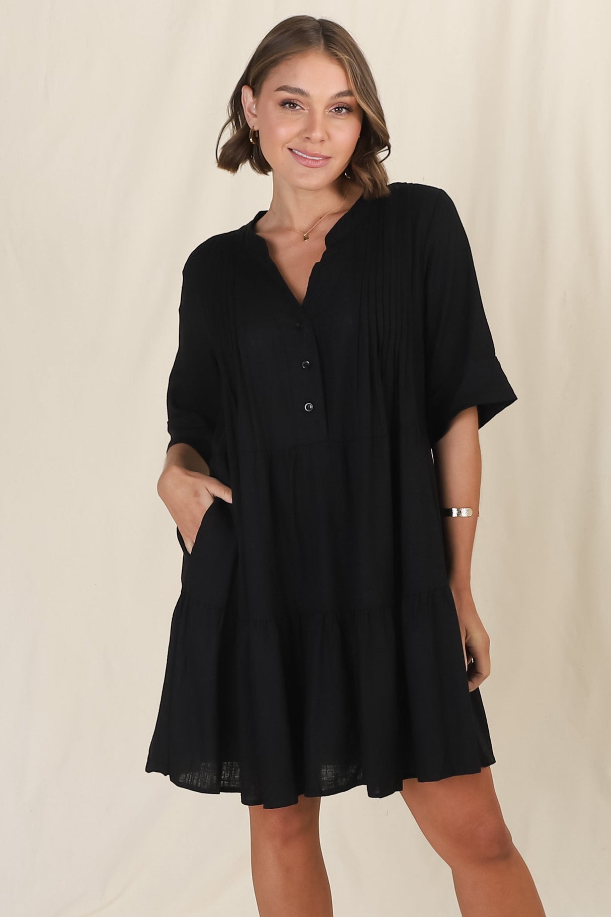 Ayva Mini Dress - 3/4 Sleeve Tiered Smock Dress in Black