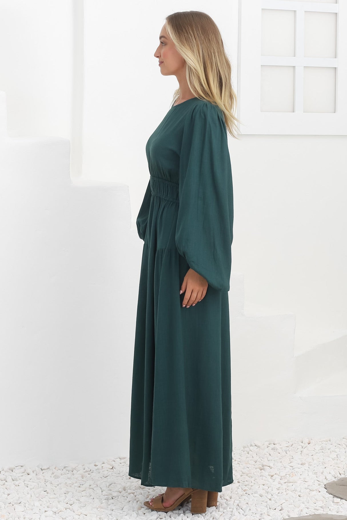 Sheyne Maxi Dress - Long Balloon Sleeve Elasicated Waist A Line Dress in Green