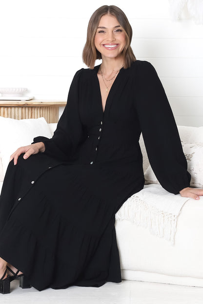 Bello Midi Dress - Button Through A Line Dress with Balloon Sleeves in Black