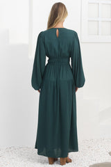 Sheyne Maxi Dress - Long Balloon Sleeve Elasicated Waist A Line Dress in Green