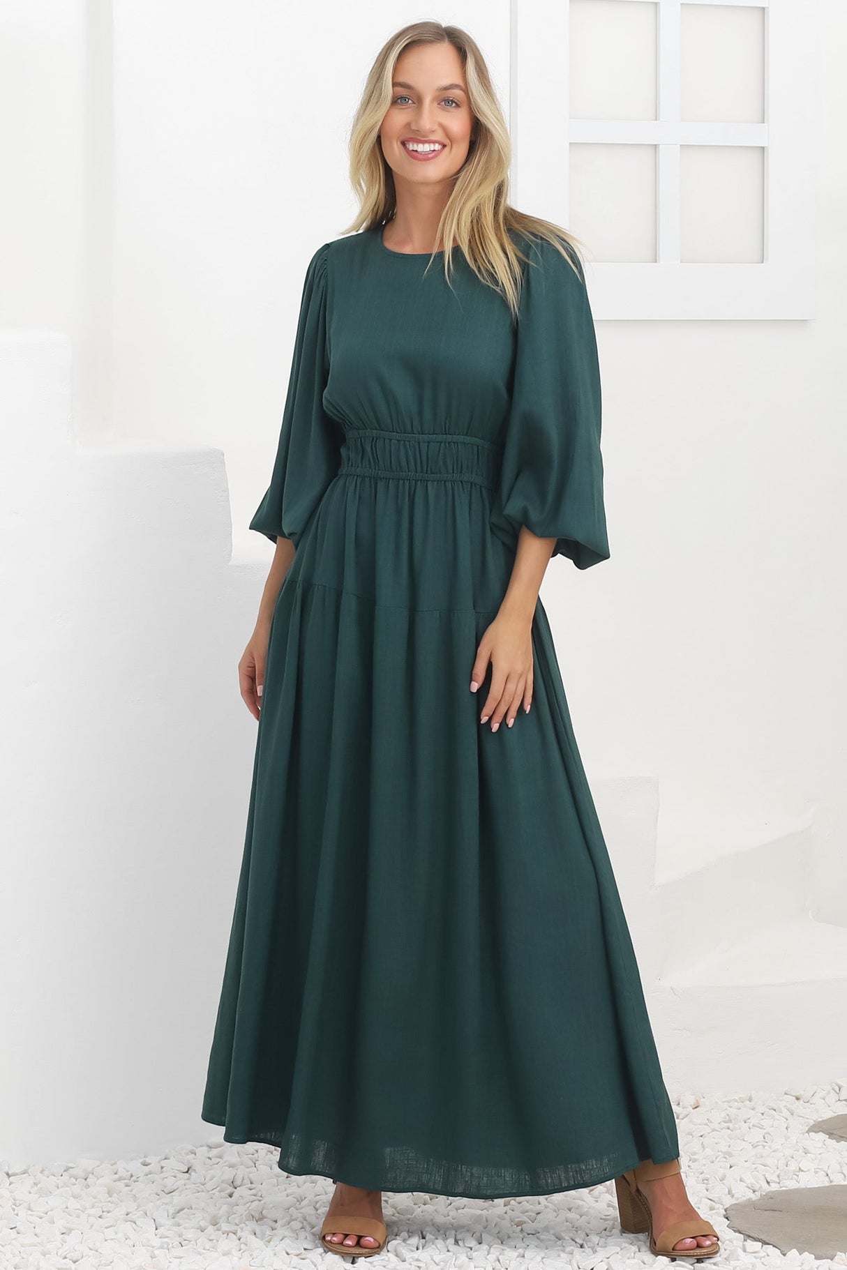 Sheyne Maxi Dress - Long Balloon Sleeve Elasicated Waist A Line Dress in Green