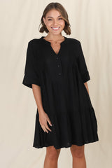 Ayva Mini Dress - 3/4 Sleeve Tiered Smock Dress in Black