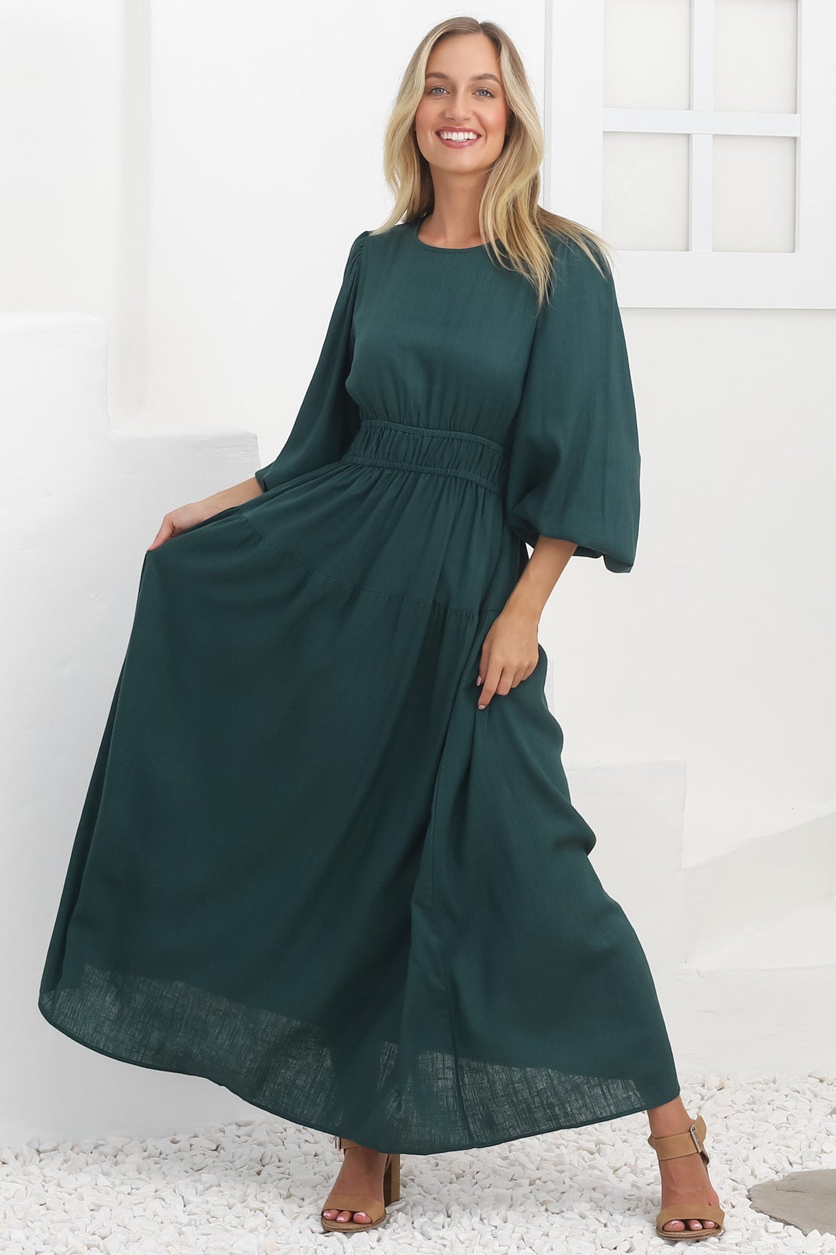 Sheyne Maxi Dress - Long Balloon Sleeve Elasicated Waist A Line Dress in Green