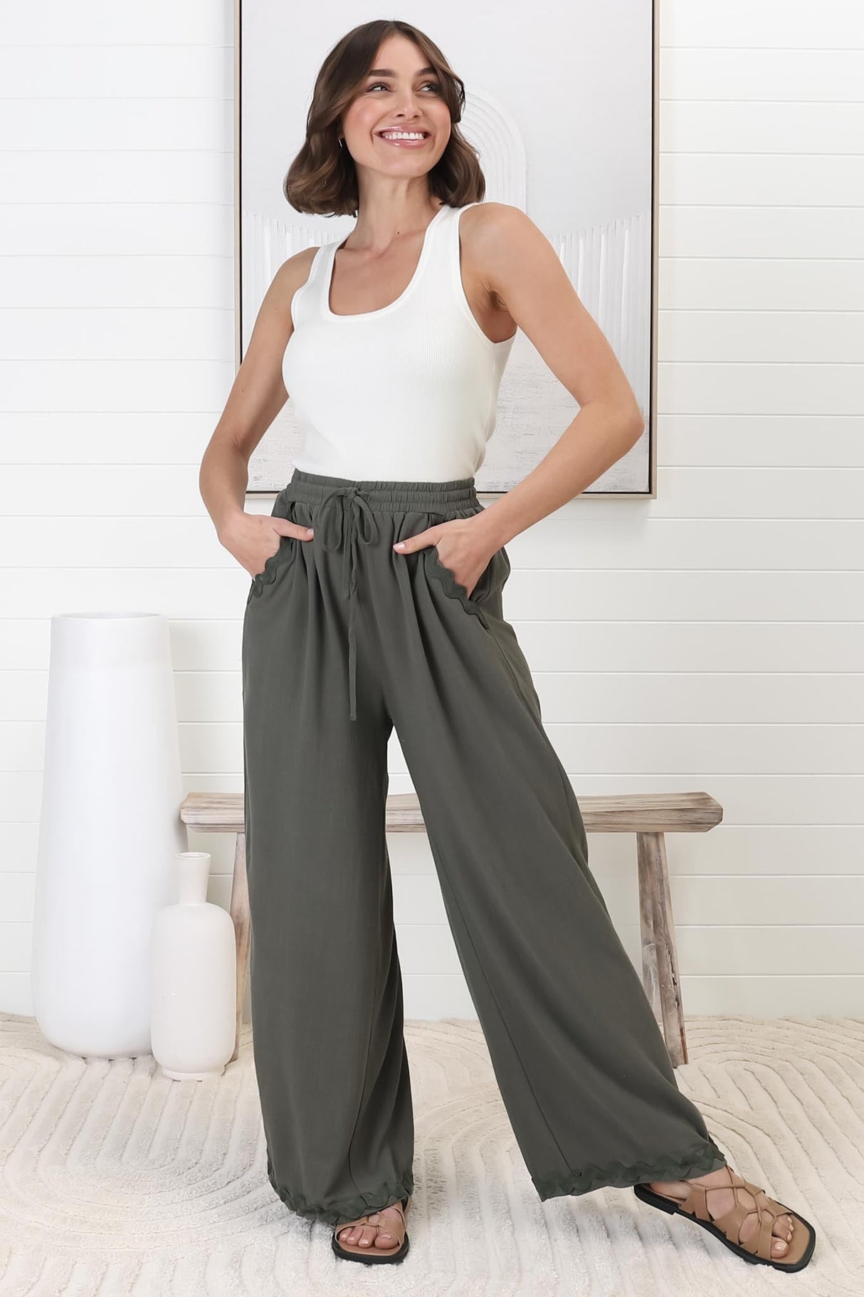 Bailie Linen Pants - Rick Rack Detailed Straight Leg Pants in Khaki