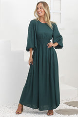 Sheyne Maxi Dress - Long Balloon Sleeve Elasicated Waist A Line Dress in Green