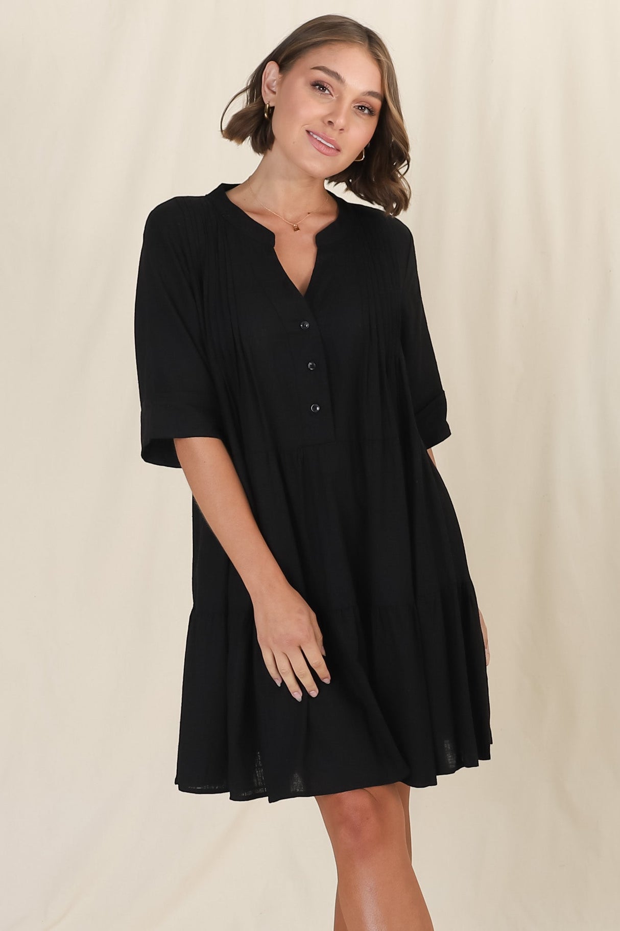 Ayva Mini Dress - 3/4 Sleeve Tiered Smock Dress in Black