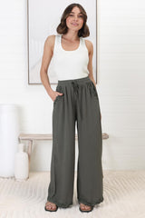 Bailie Linen Pants - Rick Rack Detailed Straight Leg Pants in Khaki