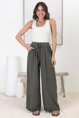 Bailie Linen Pants - Rick Rack Detailed Straight Leg Pants in Khaki