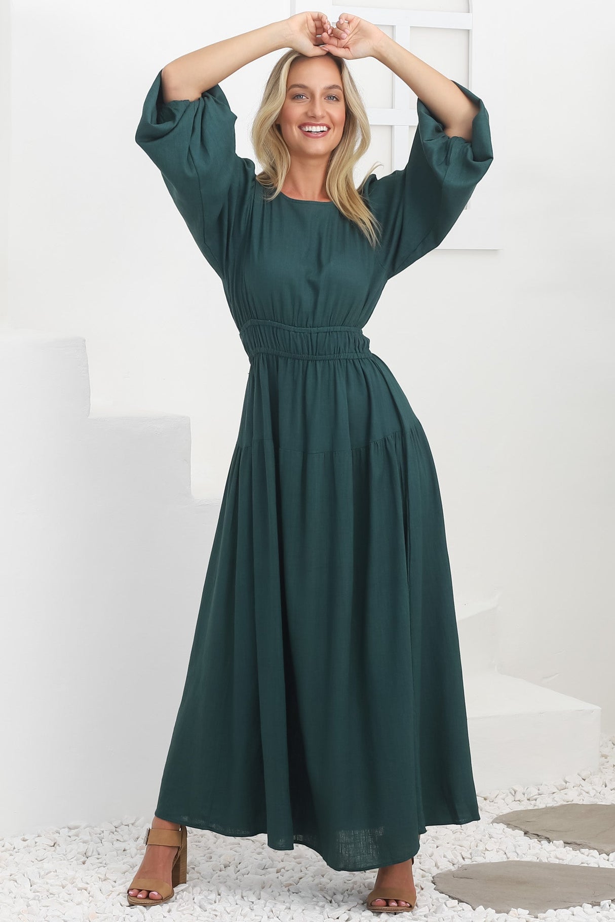 Sheyne Maxi Dress - Long Balloon Sleeve Elasicated Waist A Line Dress in Green