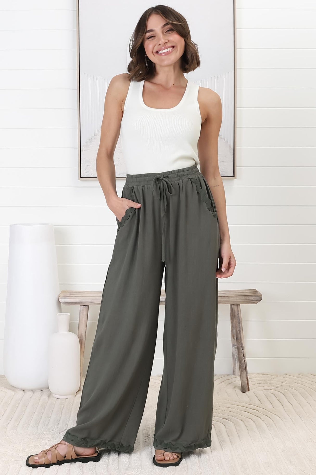 Bailie Linen Pants - Rick Rack Detailed Straight Leg Pants in Khaki