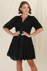 Ayva Mini Dress - 3/4 Sleeve Tiered Smock Dress in Black