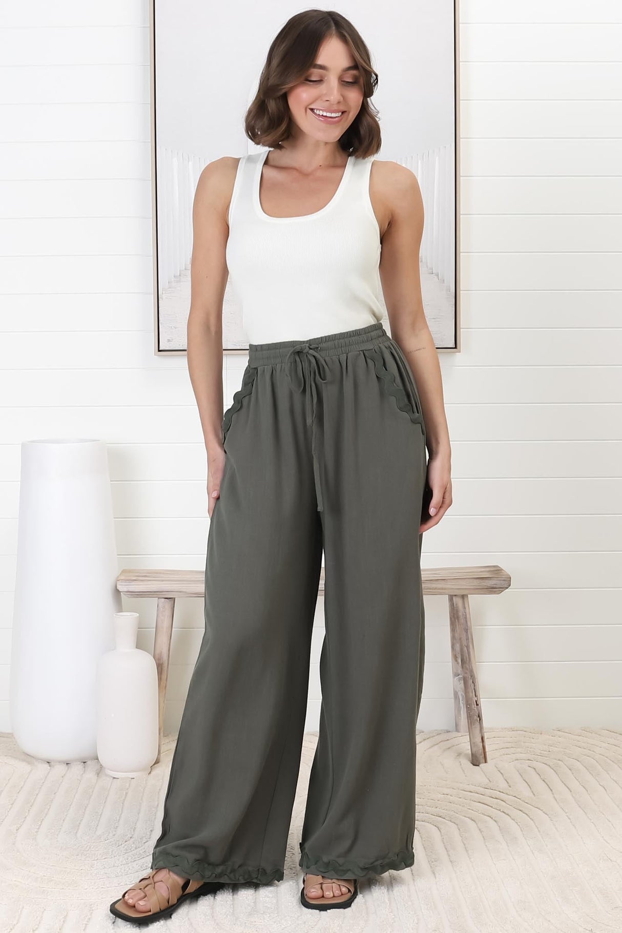 Bailie Linen Pants - Rick Rack Detailed Straight Leg Pants in Khaki