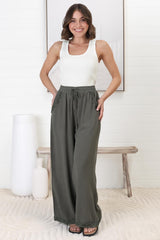 Bailie Linen Pants - Rick Rack Detailed Straight Leg Pants in Khaki