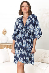 Zoe Mini Dress - Kimono Sleeve A-Line Dress with Bow at the Bust in Jane Print