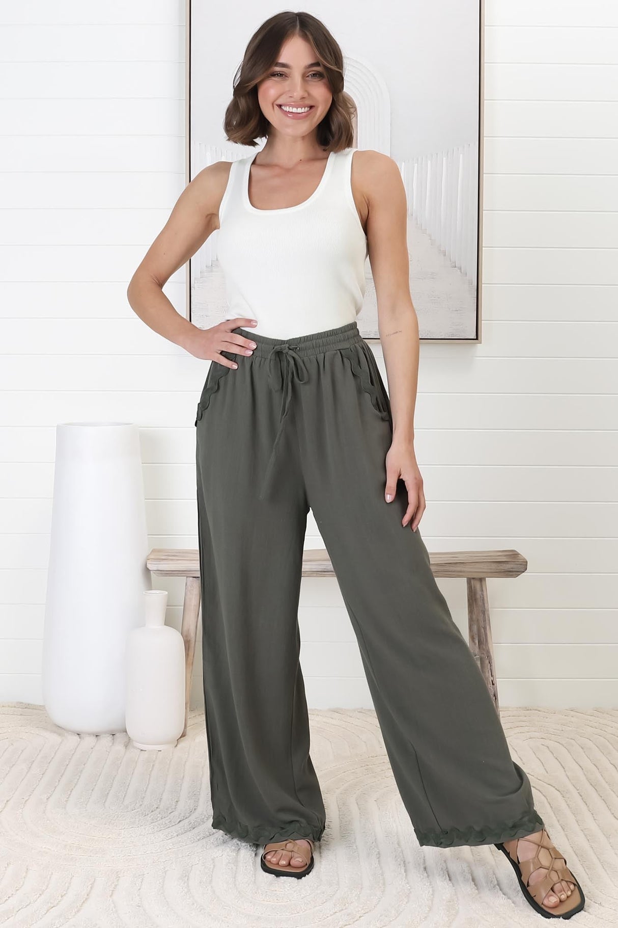 Bailie Linen Pants - Rick Rack Detailed Straight Leg Pants in Khaki