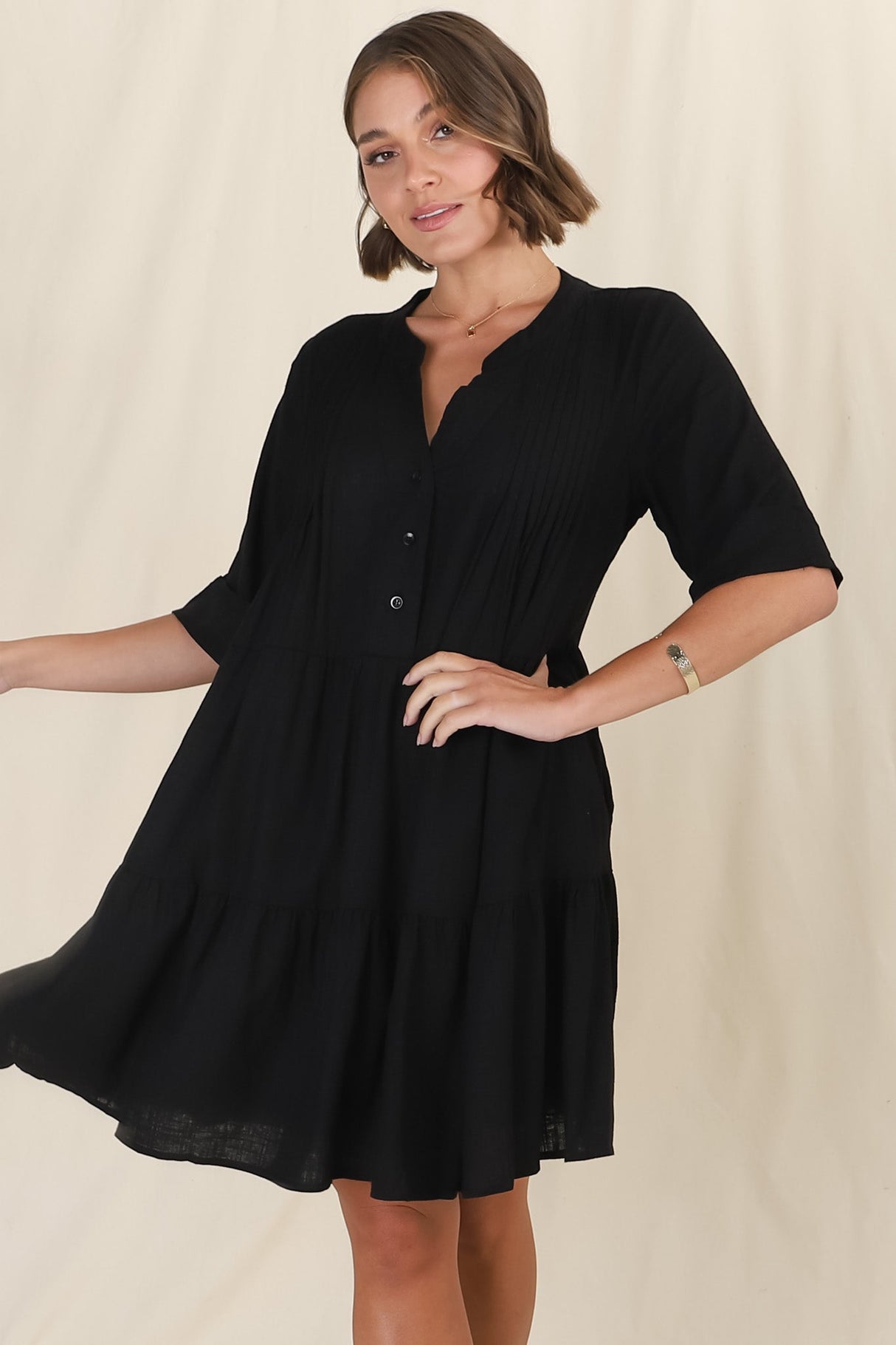 Ayva Mini Dress - 3/4 Sleeve Tiered Smock Dress in Black