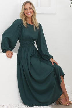 Sheyne Maxi Dress - Long Balloon Sleeve Elasicated Waist A Line Dress in Green