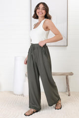 Bailie Linen Pants - Rick Rack Detailed Straight Leg Pants in Khaki