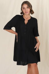 Ayva Mini Dress - 3/4 Sleeve Tiered Smock Dress in Black