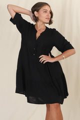 Ayva Mini Dress - 3/4 Sleeve Tiered Smock Dress in Black