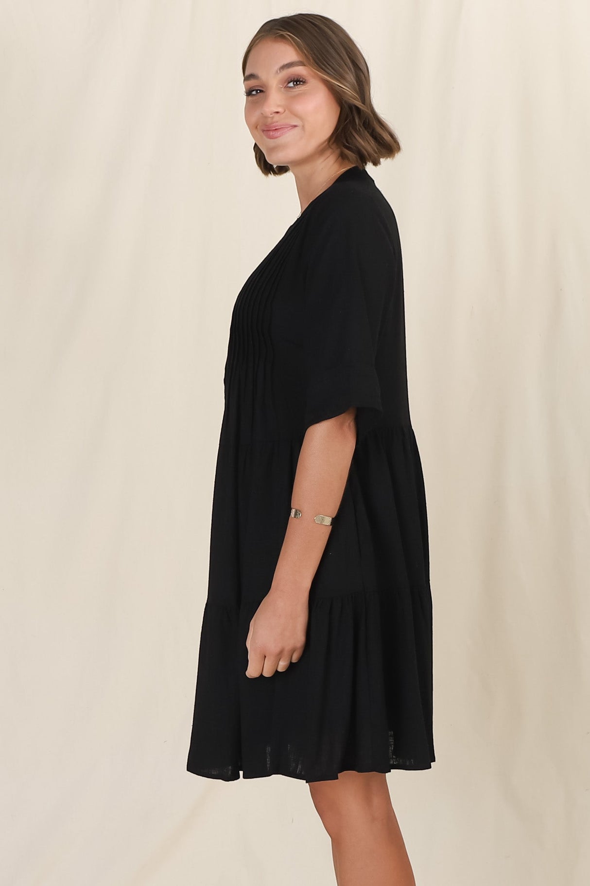 Ayva Mini Dress - 3/4 Sleeve Tiered Smock Dress in Black