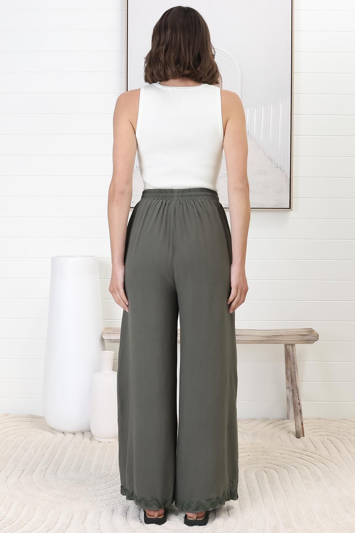 Bailie Linen Pants - Rick Rack Detailed Straight Leg Pants in Khaki