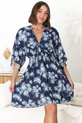 Zoe Mini Dress - Kimono Sleeve A-Line Dress with Bow at the Bust in Jane Print