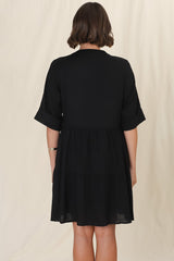 Ayva Mini Dress - 3/4 Sleeve Tiered Smock Dress in Black