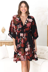 Zoe Mini Dress - Kimono Sleeve A-Line Dress with Bow at the Bust in Peta Print