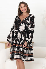 Larah Mini Dress -V Neck Ruffled Smock Dress in Ravenna Print