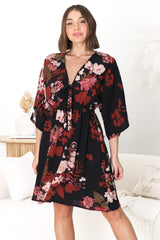 Zoe Mini Dress - Kimono Sleeve A-Line Dress with Bow at the Bust in Peta Print