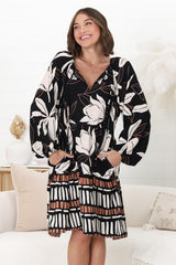 Larah Mini Dress -V Neck Ruffled Smock Dress in Ravenna Print