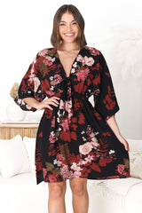 Zoe Mini Dress - Kimono Sleeve A-Line Dress with Bow at the Bust in Peta Print