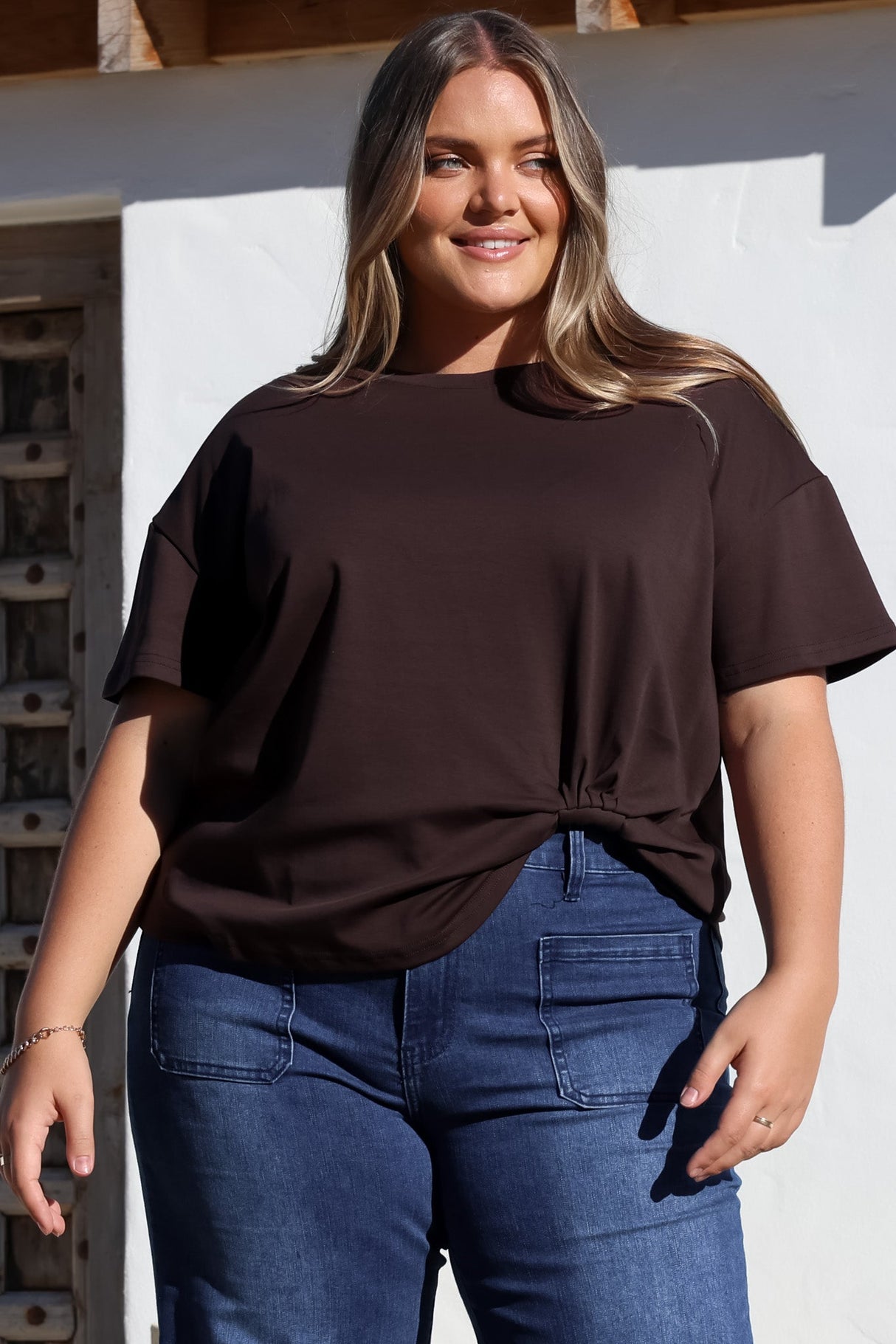 Tuck T-Shirt - Round Neckline Cotton Tee with Gathered Front Detail in Chocolate