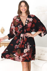 Zoe Mini Dress - Kimono Sleeve A-Line Dress with Bow at the Bust in Peta Print