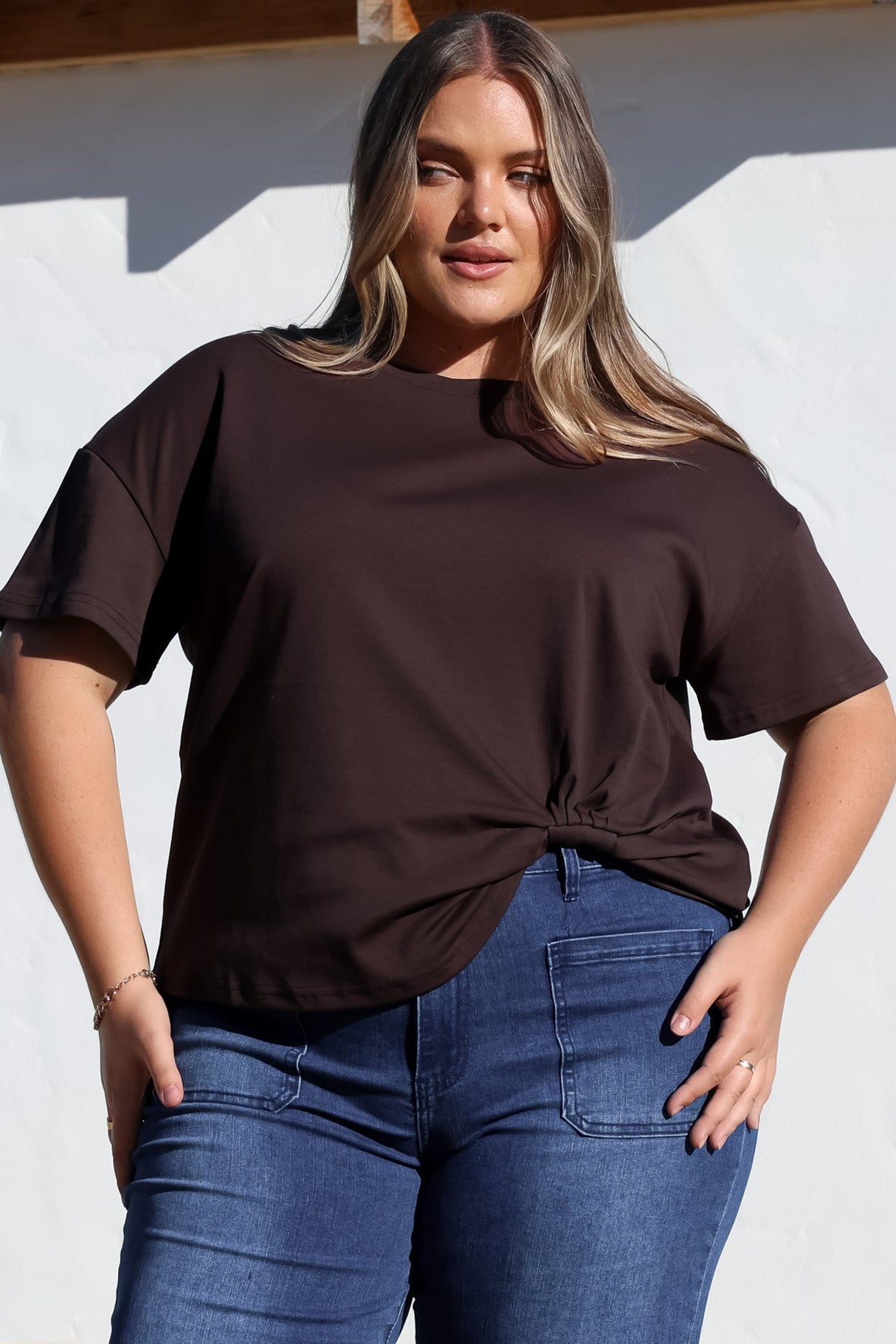 Tuck T-Shirt - Round Neckline Cotton Tee with Gathered Front Detail in Chocolate