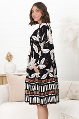 Larah Mini Dress -V Neck Ruffled Smock Dress in Ravenna Print