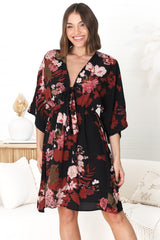 Zoe Mini Dress - Kimono Sleeve A-Line Dress with Bow at the Bust in Peta Print