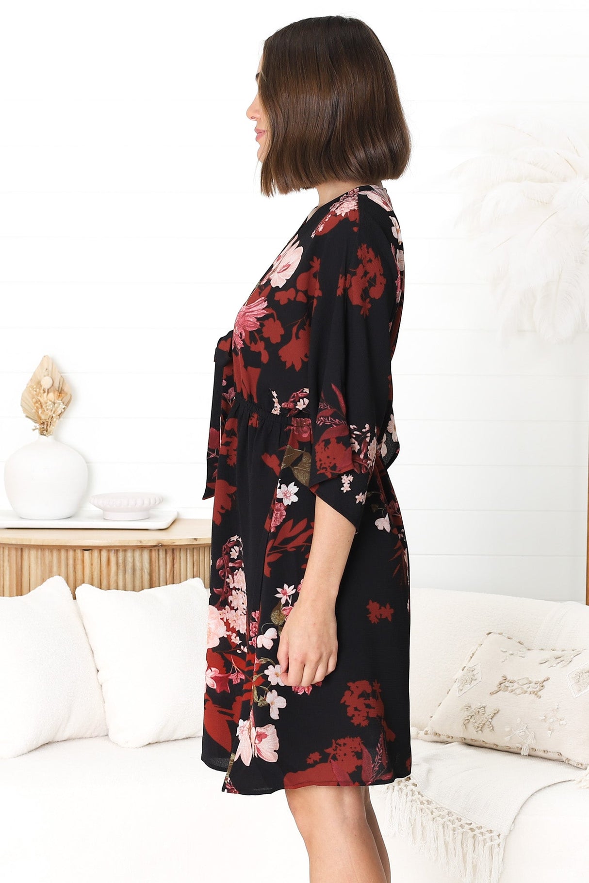 Zoe Mini Dress - Kimono Sleeve A-Line Dress with Bow at the Bust in Peta Print