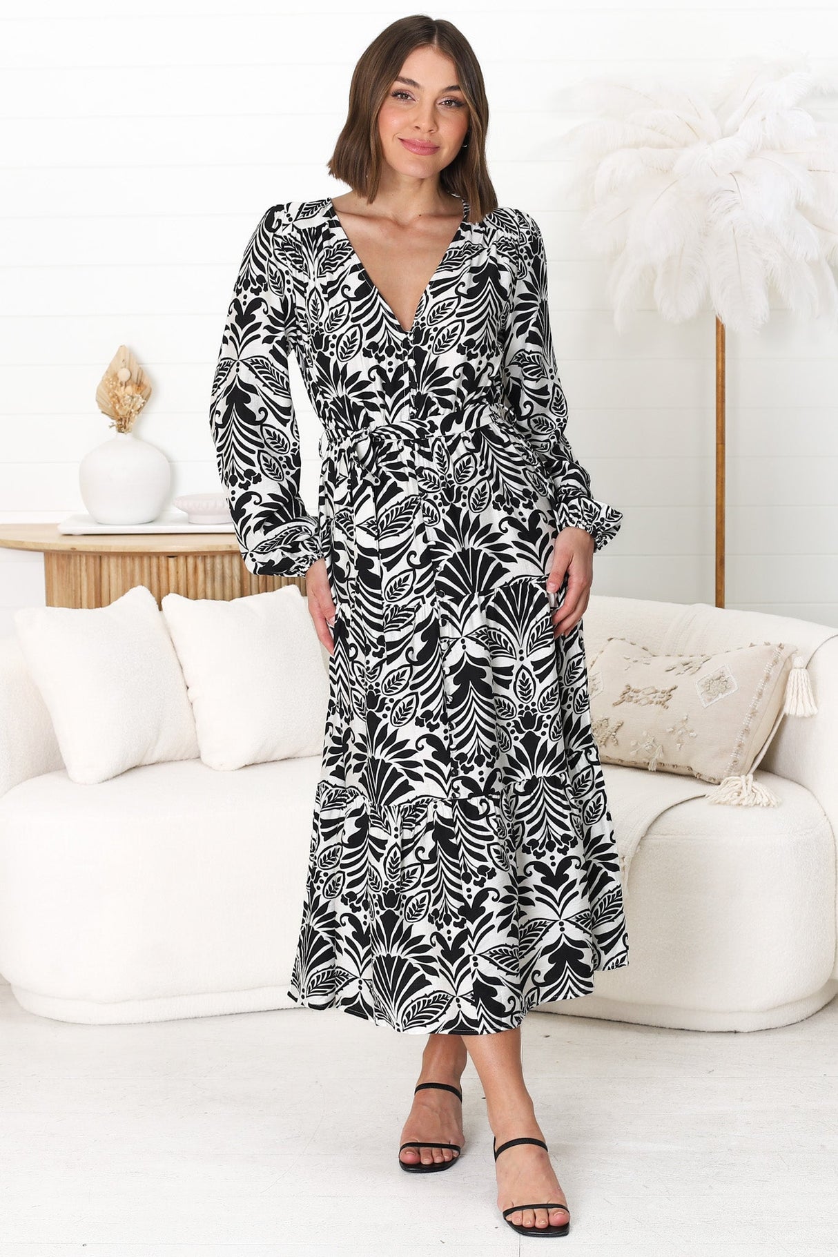 Freya Midi Dress -  V Neck A-Line Dress with Balloon Sleeves in Harriette Print Black