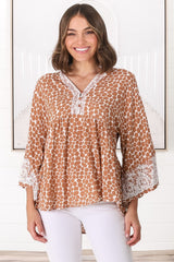 Kori Top - Lace Trim Flute Sleeve Smock Top in Aminah Print Rust