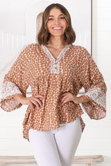 Kori Top - Lace Trim Flute Sleeve Smock Top in Aminah Print Rust