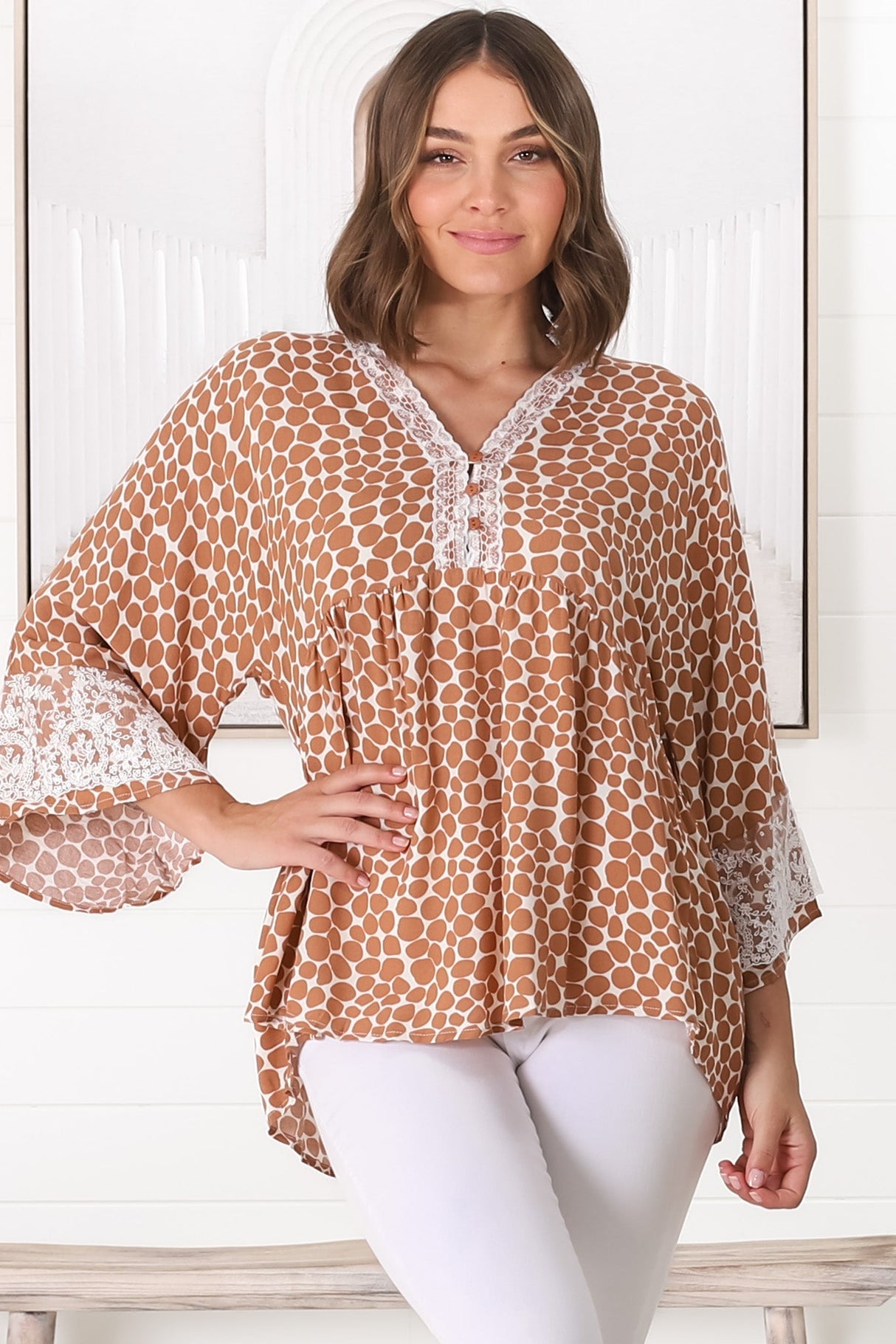 Kori Top - Lace Trim Flute Sleeve Smock Top in Aminah Print Rust