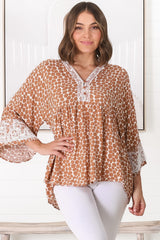 Kori Top - Lace Trim Flute Sleeve Smock Top in Aminah Print Rust